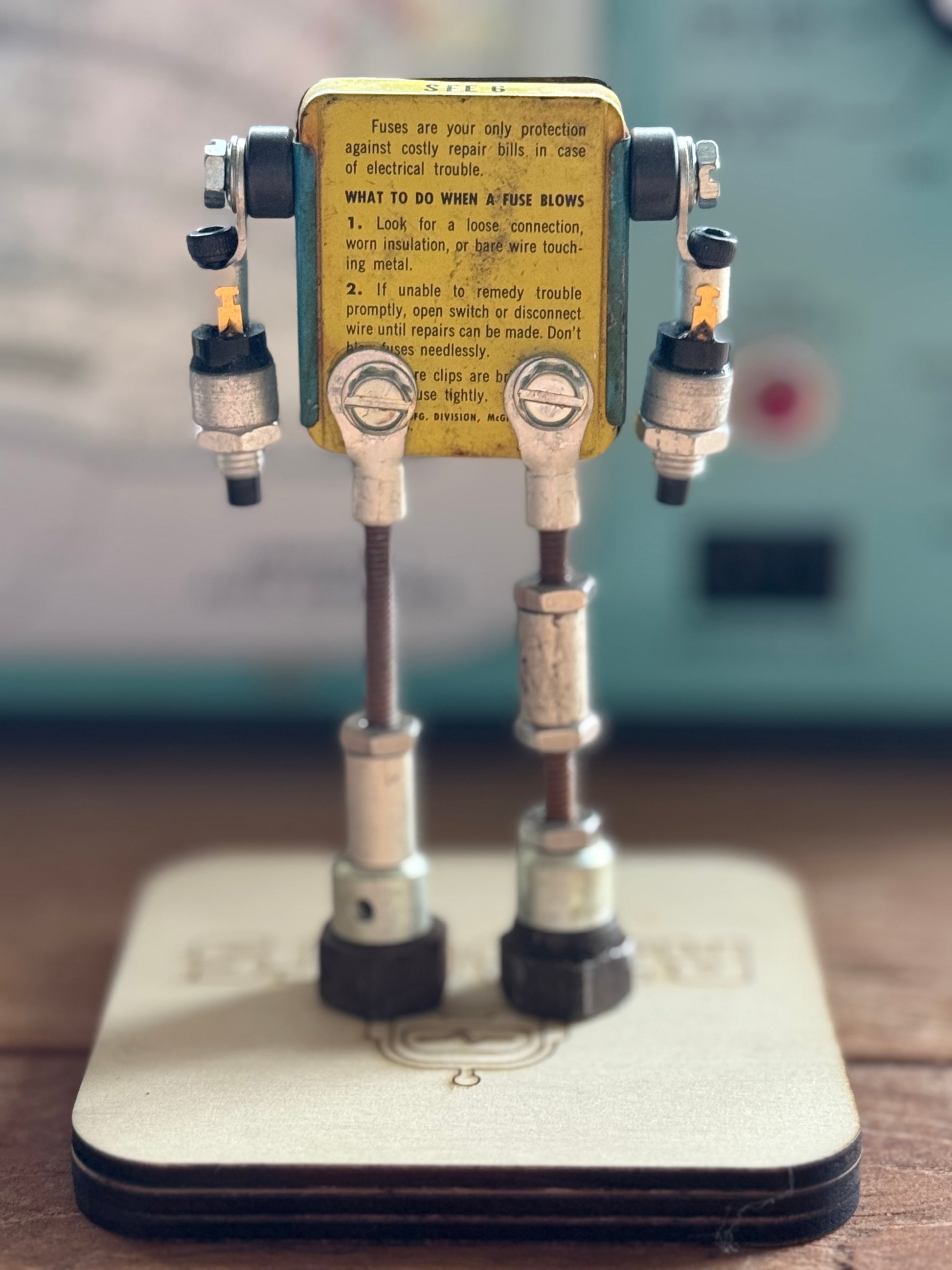 Miniature Buss Fuse Tin Robot Sculpture | Upcycled Industrial Art - R3BOTS