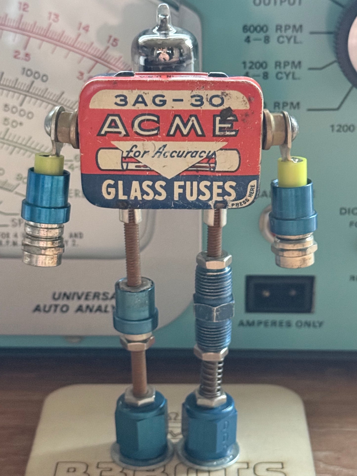 Handmade Vintage Robot Sculpture: ACME Fuse Tin Assemblage Art - R3BOTS