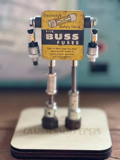 Miniature Buss Fuse Tin Robot Sculpture | Upcycled Industrial Art - R3BOTS