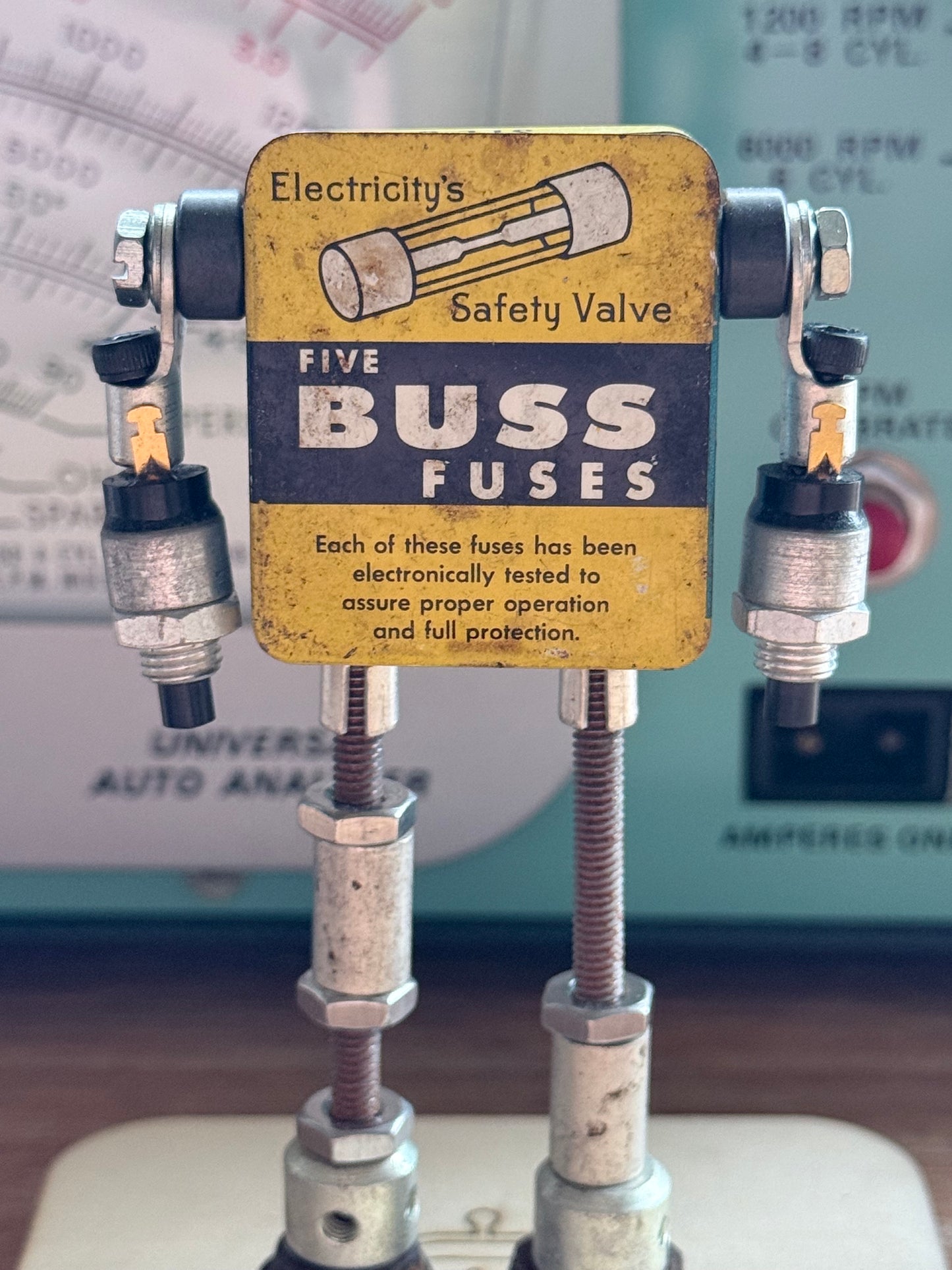 Miniature Buss Fuse Tin Robot Sculpture | Upcycled Industrial Art - R3BOTS