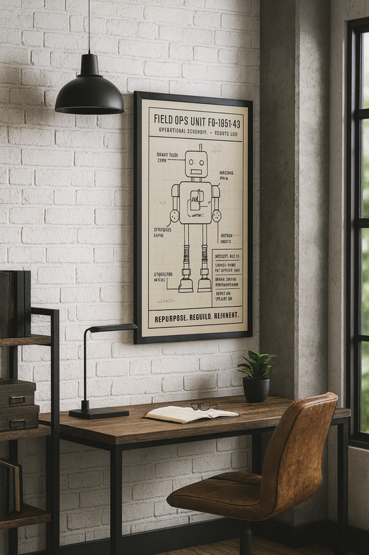 Vintage Style Robot Schematic Poster - Field Ops Unit FO-1949-X1 - Salvaged Transformer Art - Steampunk & Retro-Futurist Wall Decor
