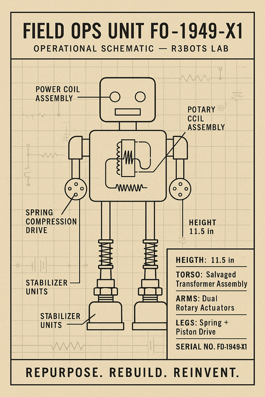 Vintage Style Robot Schematic Poster - Field Ops Unit FO-1949-X1 - Salvaged Transformer Art - Steampunk & Retro-Futurist Wall Decor