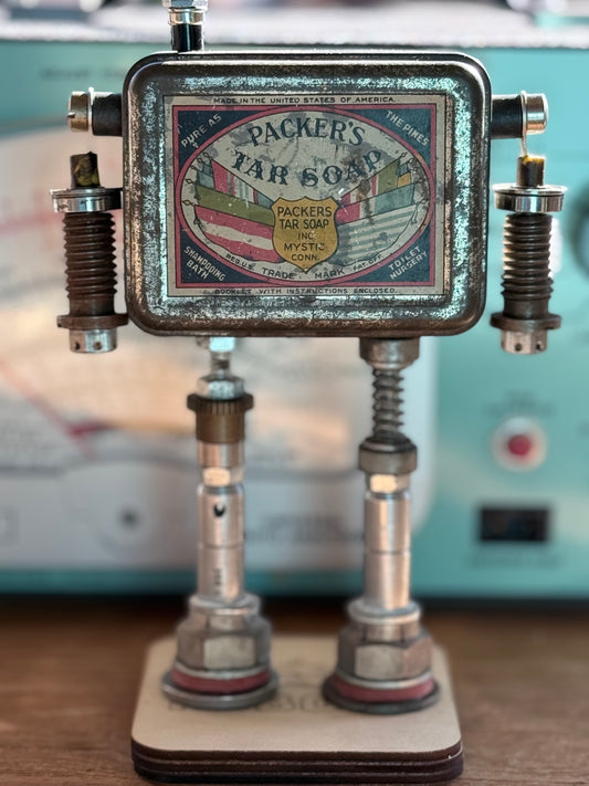 Handcrafted Robot Sculpture: Upcycled Vintage Packer's Soap Tin - R3BOTS